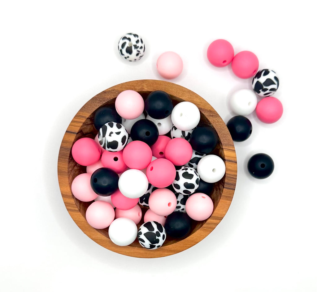 Pink cow print 15mm mix (50 beads total)