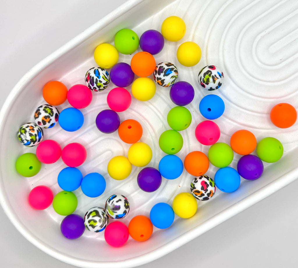 15mm multicolor leopard round silicone bead mix (50 bead’s total)