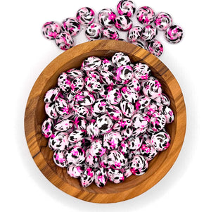 12mm Pink daisy cow print (HBK exclusive) silicone bead