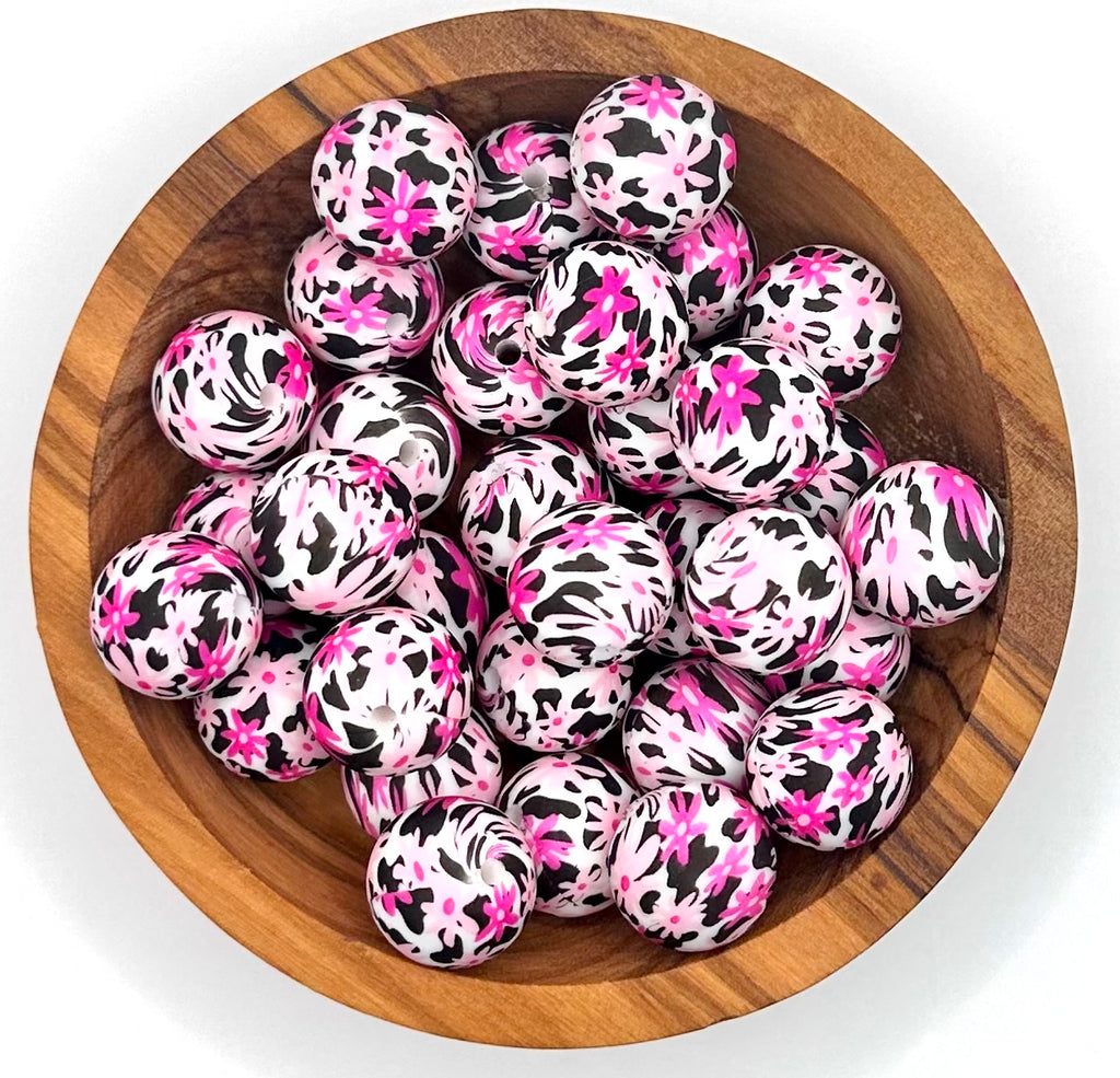 Pink daisy cow print (HBK exclusive) 15mm silicone bead