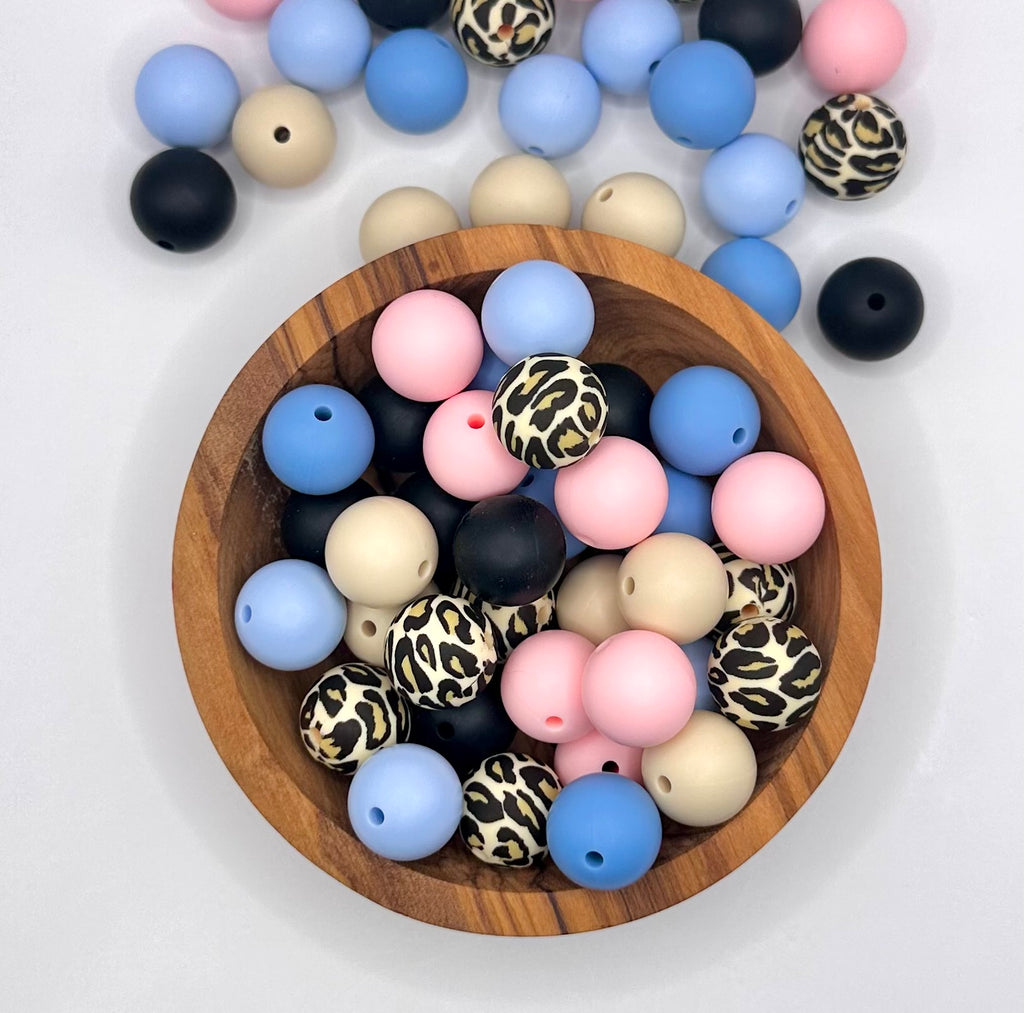 Pinks & blues with leopard print 15mm silicone bead mix (60 beads total)