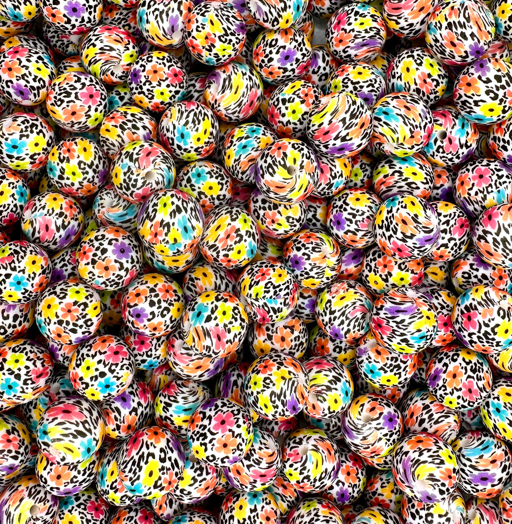 Multicolor cheetah daisy (HBK exclusive) 15mm round silicone bead