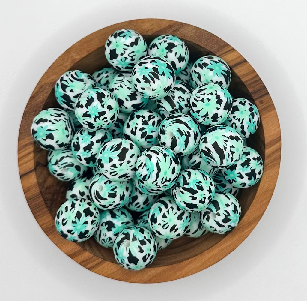 Mint & turquoise daisy cow print (HBK exclusive) 15mm round bead