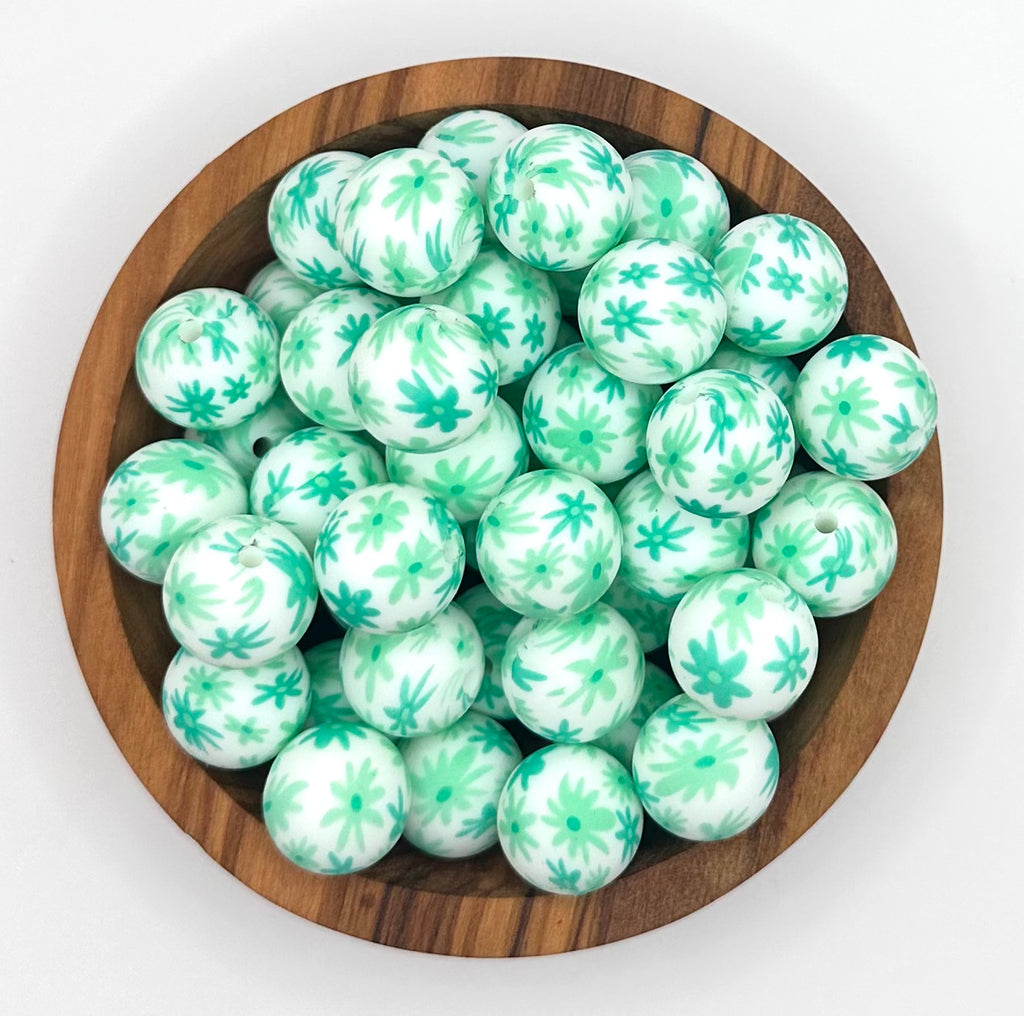 Mint & turquoise daisy 15mm printed bead (HBK exclusive)