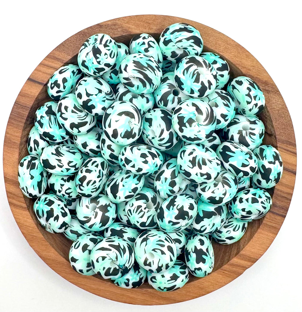 14mm turquoise & mint daisy cow print (HBK exclusive) silicone abacus bead