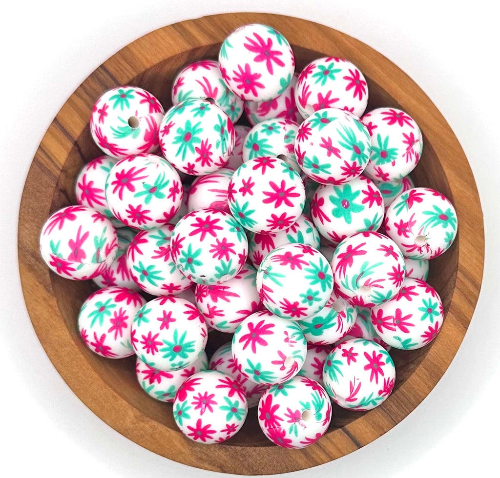 15mm hot pink & turquoise daisy (HBK exclusive) silicone bead