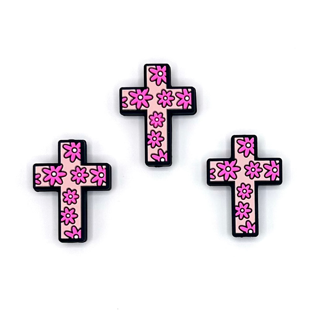 Pink daisy cross (HBK exclusive) silicone focal bead