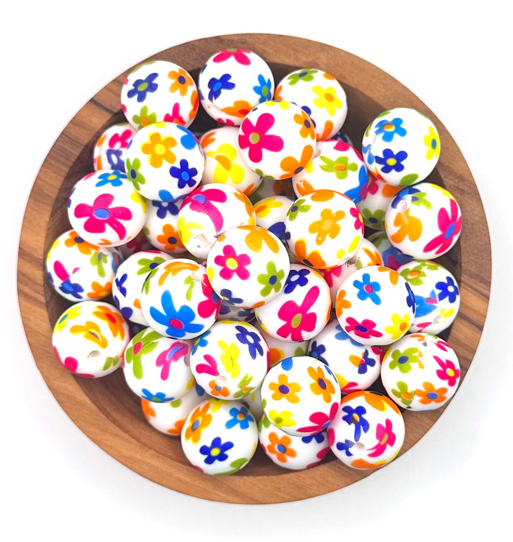 15mm Colorful daisy print silicone bead