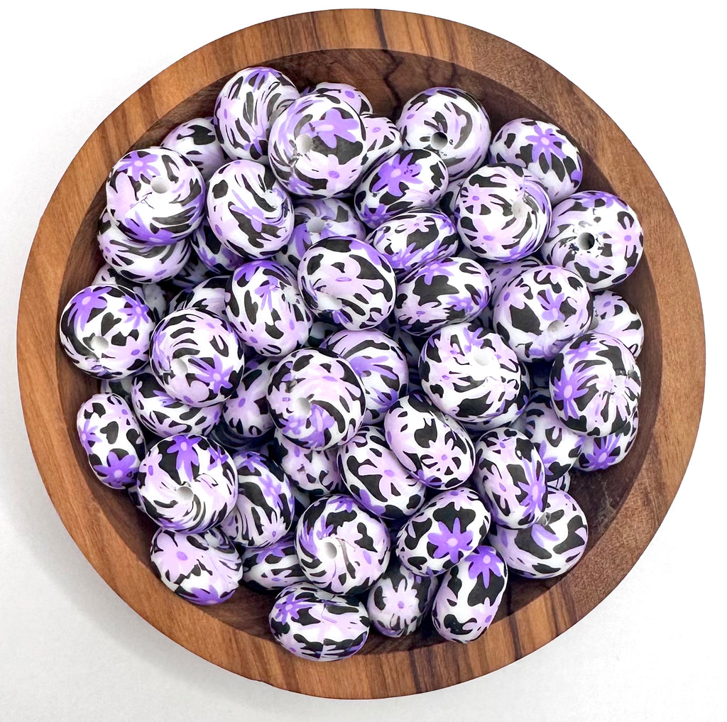 14mm purple daisy cow print (HBK exclusive) silicone abacus bead